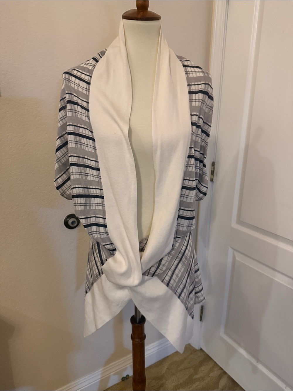 Open-Front Shawl Collar Cardigan in Cream and Gray Stripe